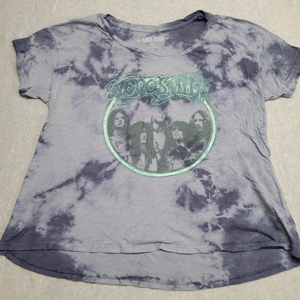 Knit‎ Riot Aerosmith Tie Dye Graphic T-Shirt Purple Grey Size Small Women's